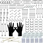 [Tustrion] 153Pcs Piercing Kit for all Body Piercings with Jewelry and Tools Nose Septum Belly Button Lip Ear Tongue Cartilage Eyebrow More 12G 14G 16G 20G Needles, Stainless Steel Silver
