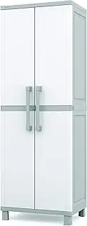 Keter Storage Cabinet with Doors and Shelves for Laundry Room, Garage, Bathroom Accessories, Closet and Home Organization, White & Grey