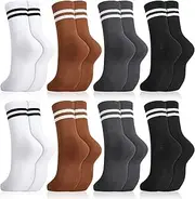 [GSrenyu] 8 Pairs Ladies Socks, Sports Gym Leisure Striped Socks, Mid-Calf Socks, Casual Athletic Socks, Cotton Breathable Moisture Socks for Sports Workouts Daily Wear, Black, Grey, White, Coffee, One