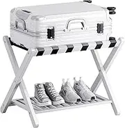 SMIBUY Luggage Rack, Foldable Bamboo Suitcase Stand with Storage Shelf for Guest Room, Bedroom, Hotel, Heavy-Duty (White)