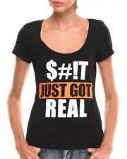 NWT Coogi S#it Just Got Real Tee T Shirt Top Scoop Neck Black White Orange NEW