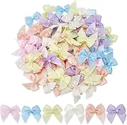 WADORN Pack of 90 6 Coloured Mini Satin Ribbon Bows Boutique Bows Made of Satin Ribbon in Rainbow Colours with Pearl Flowers Appliqués DIY Pre-Tied Satin Bows for Sewing Appliques