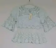 SUNDANCE Catalog Light Blue Sheer Floral Crochet Lace Windsor Top Blouse Sz XS