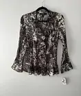 NEW Style & Co Black/White/Brown Snake Print Ruffles Bell Sleeve Blouse Sz 12P