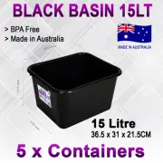 5x Large Heavy Duty 15L Black Plastic Basin Tub Containers Storage Crates Box AU