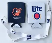 Lot (2) Miller Lite "Baltimore Orioles" Beer Coozie With Miller Lite Lanyard