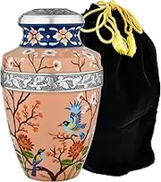 NM HANDISTRY Handpainted Decorative Bird Cremation Urn – Floral Design in Peach and Blue – Ceramic Memorial Urn for Adult Human Ashes