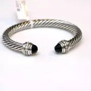 DAVID YURMAN NEW 7MM Silver Cable Black-Onyx Diamond Bracelet Cuff M