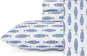 [Nautica] Queen Sheets, Cotton Percale Bedding Set, Crisp & Cool, Coastal Home Decor (Woodblock Fish Blue, Queen)