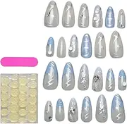 Blue Glue on Nails - Acrylic Medium Press on Nails,Glue on False Accessories, Women Hand Beauty Manicure Stickers for Birthdays, Holidays