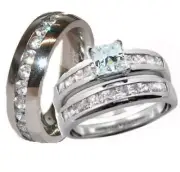 His & Hers CZ Wedding Ring Set Sterling Silver & Stainless Steel Wedding Rings