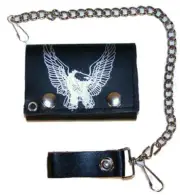 GENUINE LEATHER EAGLE WITH WING UP TRI-FOLD MEN WALLET W SNAP ON CHAIN GI529 NEW