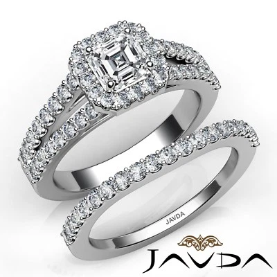 Asscher Diamond Halo Split Shank Bridal Set Engagement Ring GIA G-VVS2 2.26Ctw