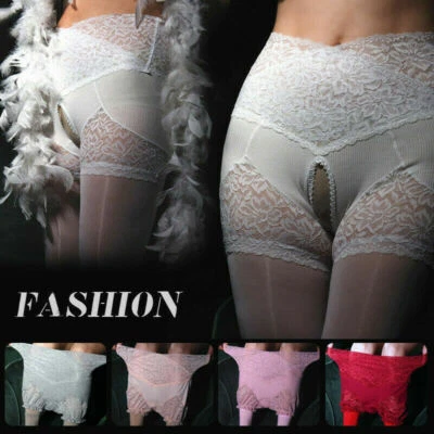 Women Shiny Glossy Sheer Stocking with Lace Panties Tights Pantyhose Open Crotch