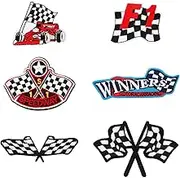 6pcs Racing Patches Iron On, Checkered Flag Patches Classic Black White F1 for Nascar Car Patch Decoration Embroidered Applique Patches for DIY Jeans Jackets Bags Hats Sewing Art Craft