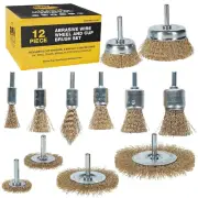 12-Piece Abrasive Brass-Coated Wire Wheel, Cup Brush, and End Brush Set, 1/4" Dr