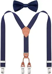 [Kajeer] Children's Boys Braces Bow Tie Set - Y-Shaped Braces and Bow Tie Set for Boys Girls Leather Adjustable Elastic Braces with 4 Clips