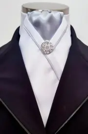 ERA Kate Pale Silver Grey & White Stock Tie with Silver Satin Piping &Brooch