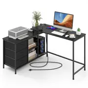 Giantex 205cm L-shaped Computer Desk Corner Desk w/3 Fabric Drawers Storage Shelves Home Office Study Desk Black
