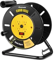 Durable Yellow Extension Cord Reel - 4 Outlets, 100ft Capacity, ETL Listed