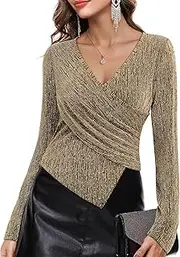 [VALOLIA] Womens Sparkly Tops Rhinestone Shiny Long Sleeve Ruched Asymmetrical Sparkle Blouses Cocktail Party Evening Shirts