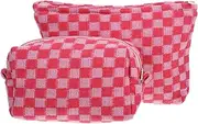 Checkered Makeup Bag 2pcs Large Cosmetic Bag Set Travel Toiletry Bag Makeup Pouch Bag Zipper Storage Bag for Girls Car Essentials Bag Rosy