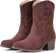[IXU] Cowboy Boots for Women Suede Ankle Western Cowgirl Boots Mid Calf Pointed Toe Short Chunky Classic Booties
