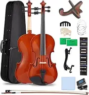 4/4 Full Size Acoustic Violin Fiddle Set for All Age Beginners – With Hard Case, Shoulder Rest, Bow, Extra Strings, 2 Rosin & Bridges, Tuner, Muffler, Sticker, Stand, Cloth (Natural, 3/4)