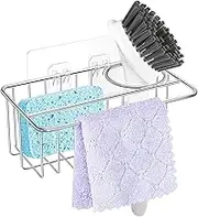 PENGQIMM Kitchen Sink Caddy Tidy, Suction Cup Sponge Rack, Stainless Steel Sink Organizer With Dishcloth Holder for Brush & Sponge, No Drilling Adhesive