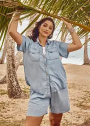 [Virtuelle] Taking Shape Chambray Embellished Shirt Size 16 in Bleach Blue - Plus Size Women's Clothing Bleach Blue