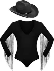 [Haysandy] Bodysuits for Women Long Sleeve Fringe Bodysuit with Cowboy Hats Cowgirl Outfit Black Fringe Top for Women Halloween Costume