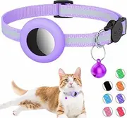 Airtag Cat Collar, Reflective Airtag Cat Collar with BellWaterproof Airtag Holder in 3/8" Width, cat Collar withBreakaway Safety Buckle for Kitten Purple