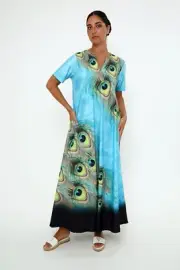 Women's Elegant Peacock Feather Maxi Dress in Serene Blue