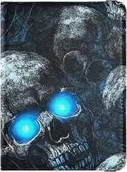 [Amooorous] Horror Skull Blue Neon Eyes Leather decorative waterproof passport holder Travel Documents Organizer Protector Passport Cover with RFID Blocking Lightweight, Horror skull blue neon eyes, 1 size