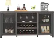 Launica Liquor Bar Cabinet, Industrial Wine Bar Cabinet, Rustic Sideboard Buffet Cabinet for Liquor, Glasses & Coffee Bar with Storage Rack for Home Kitchen Dining Room, Dark Grey Oak, 55 In