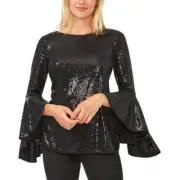 Vince Camuto Metallic Knit Flutter Sleeve Top – Rich Black, Small