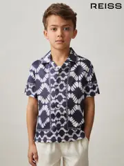 Reiss Blue Maki 9-13 yrs Abstract Print Cuban Collar Shirt (AP0421) | $90
