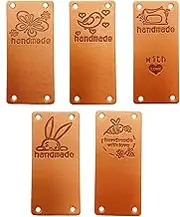 EvaGO 50 Pieces PU Leather Handmade Tag Label Handmade Tags Button with Holes Embossed Tag Embellishment Knit DIY for Jewelry Making Crafts, Sewing Clothing Decoration and More(5 Styles)