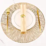 Evevda Placemats for Dining Table Set of 6 Round Hollow Out Table Mats Pressed Metallic Vinyl Plastic Place Mats Table Decoration for Holiday Wedding Accent Centerpiece(Gold Radial Circle)