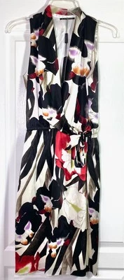 ELIE TAHARI Floral Print Stretch Silk Satin Tie Waist Halley Dress 4 US = Small