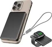JUOVI for Magsafe Power Bank 5000mAh Portable Charger PD20W Ultra Slim Magnetic Powerbank USB C In&Out Wireless Battery Bank with Lanyard Style Charging Cable for i-Watch Airpods iPhone16 (Black, 20W)
