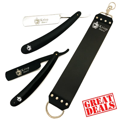 2 PCS CUT THROAT STRAIGHT RAZORS SHAVE READY + WIDE LEATHER SHARPENING STRAP