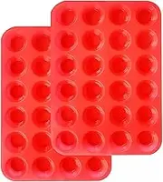 Mini Muffin &Cupcake Set, 24 Cups 2-Pieces, Nonstick Silicone Baking Pan, BPA Free and Dishwasher Safe, Great for Making Muffin Cakes, Tart, Bread (24 Cups Red,2 PCS)