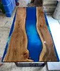 Blue Epoxy Rsin Table, Dining Epoxy Wooden Table, Walnut Live Edge Table Decors