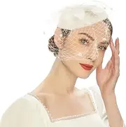 [SIQITECHUK] Women Fascinator Hat with Mesh Veil Feathers Flower Headband Tea Party Hair Clip Vintage Elegant Ladies Headwear for Church Cocktail Wedding
