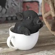 [SUMMIT COLLECTION] Adorable Pigs in Teacup Figurine Novelty Ornament Tabletop Decor Polyresin Piggy Figurine 5.25 Inches Tall (Black)