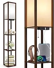 OUTON Floor Lamp with Shelves, LED Column Modern Floor Lamp with USB & Type C Port, 3 Color Temperature, Wooden Standing Lamp with White Linen Shade for Living Room, Bedroom, Office (Walnut Brown)