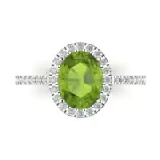 2.86 Oval Cut Halo Natural Peridot Promise Bridal Wedding Ring 14k White Gold