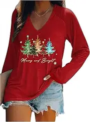 [CHUNTIANRAN] Christmas V Neck T Shirts for Women Christmas Tree Graphic Tshirts Long Sleeve Cute Tees Xmas Holiday Party Tops Outfits