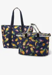 2pc Picnic Basket Set Insulated Canvas Foldable Collapsible Aluminum Frame Navy
